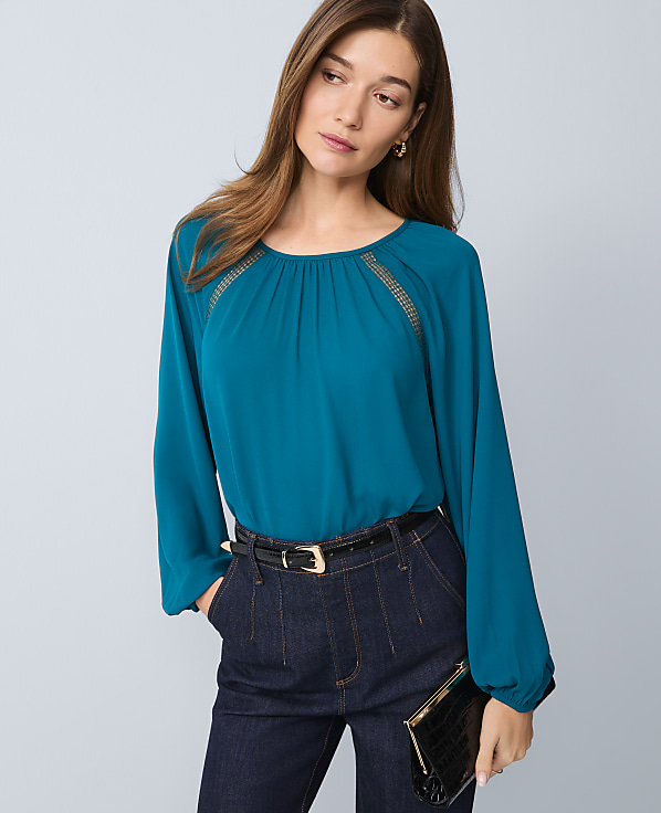 Petite Lace Trim Mixed Media Blouse