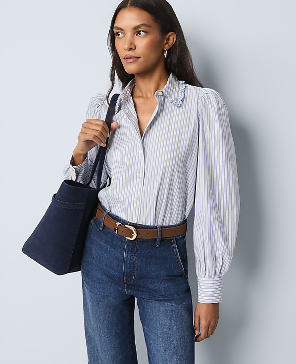 Weekend Striped Ruffle Collar Blouse
