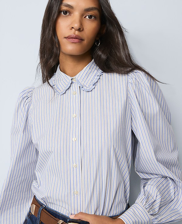 Weekend Striped Ruffle Collar Blouse