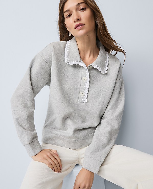 Petite Weekend Collection Crochet Trim Collared Sweatshirt