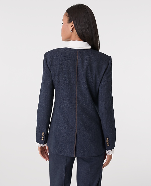 The Petite Long Crew Neck Jacket in Denim