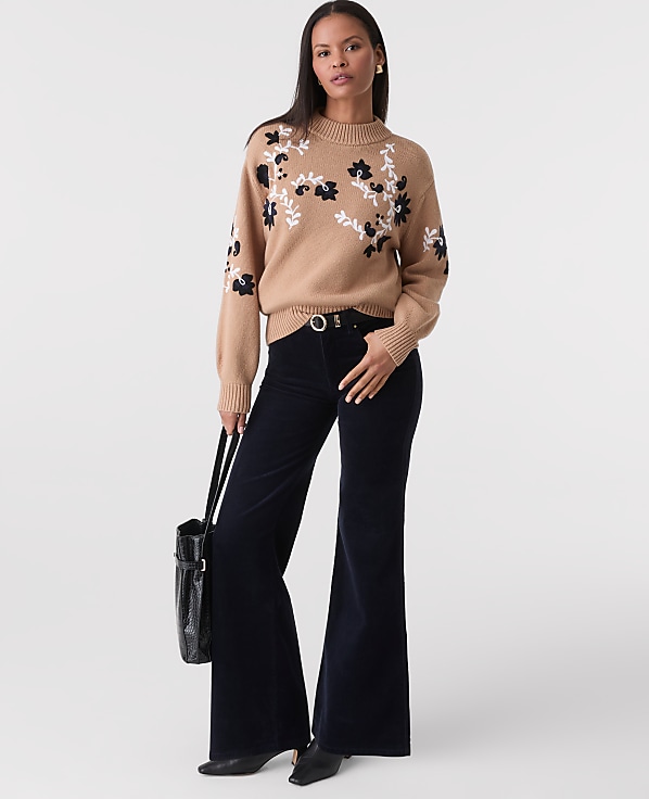 Embroidered Floral Mock Neck Sweater