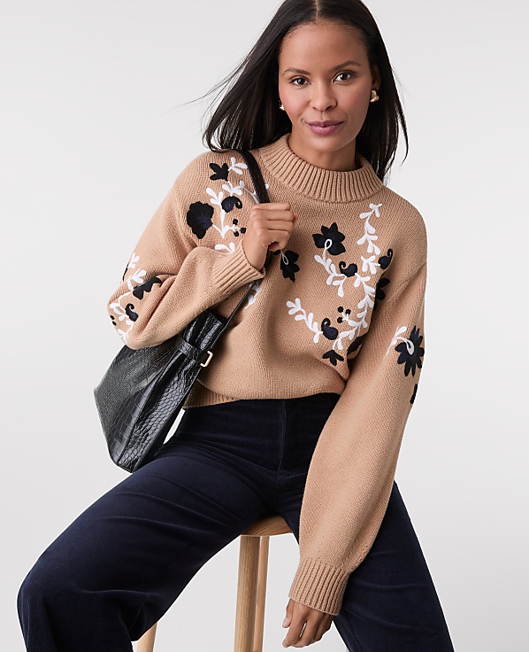 Embroidered Floral Mock Neck Sweater