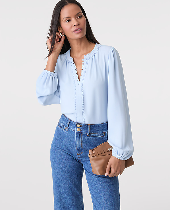 Bobble Trim V-Neck Blouse