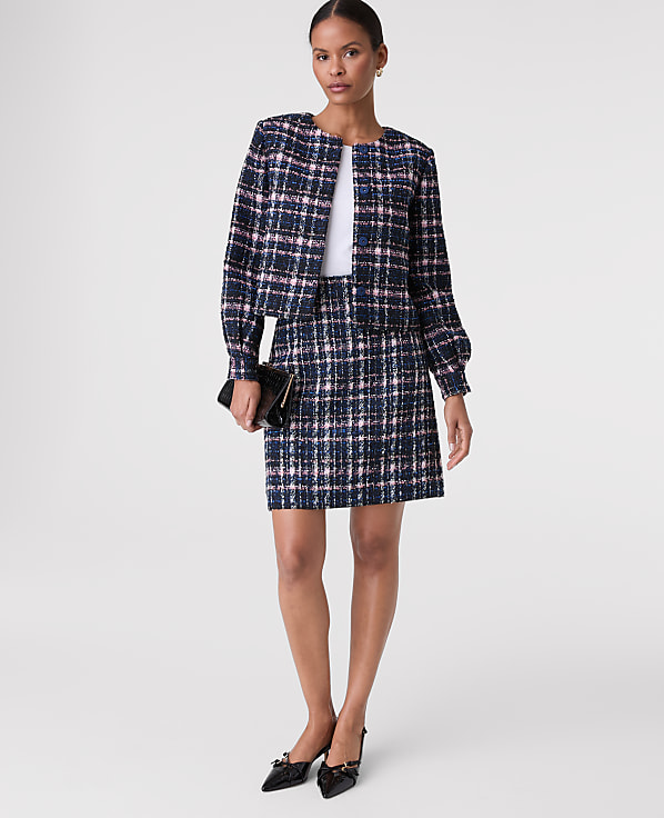 The Petite Crew Neck Jacket in Plaid Tweed