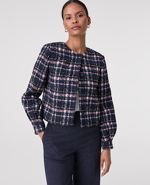 The Crew Neck Jacket in Plaid Tweed