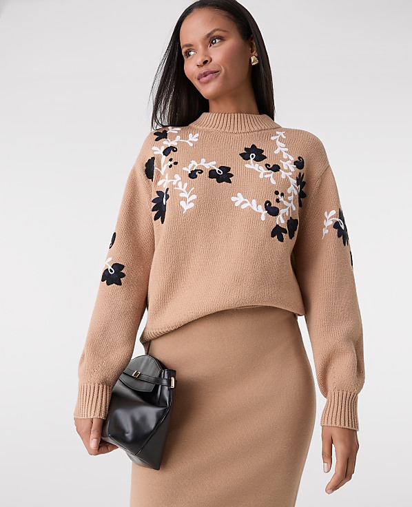 Petite Embroidered Floral Mock Neck Sweater