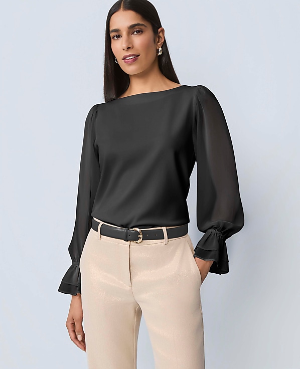Petite Mixed Media Pleated Sleeve Top
