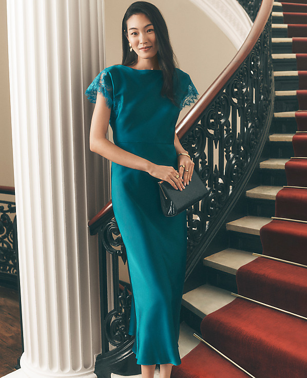 Petite Lace Trim Satin Midi Dress