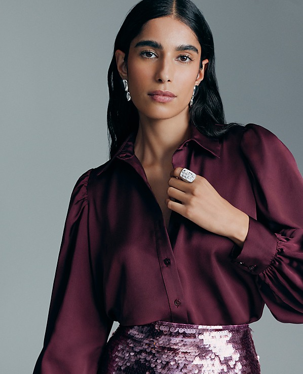 Petite Satin Blouson Sleeve Blouse