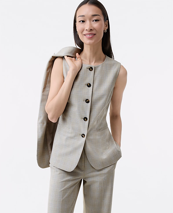The Petite Long Crew Neck Vest in Plaid