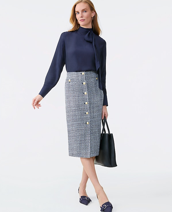 Petite Tweed Button Front Pencil Skirt