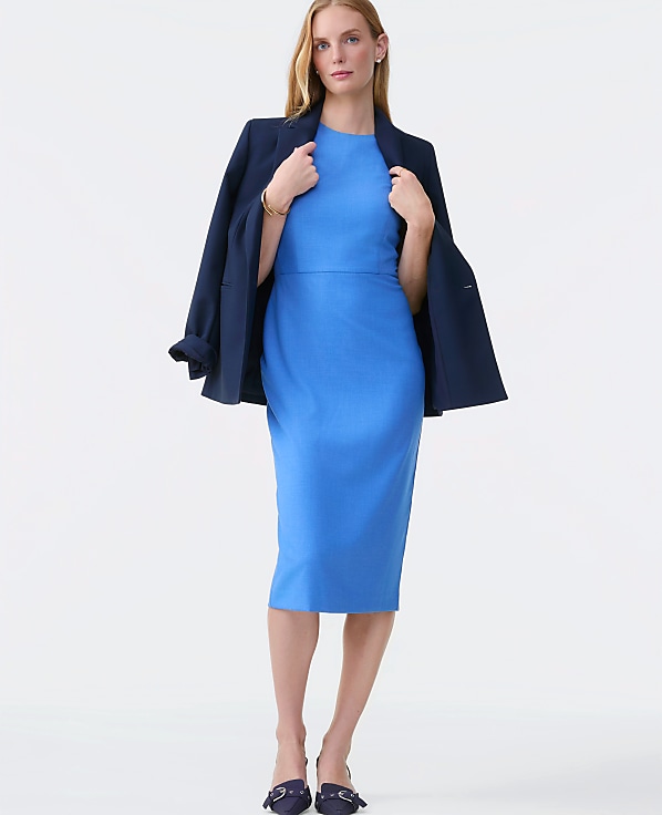 The Petite Crew Neck Sheath Dress in Luxe Twill