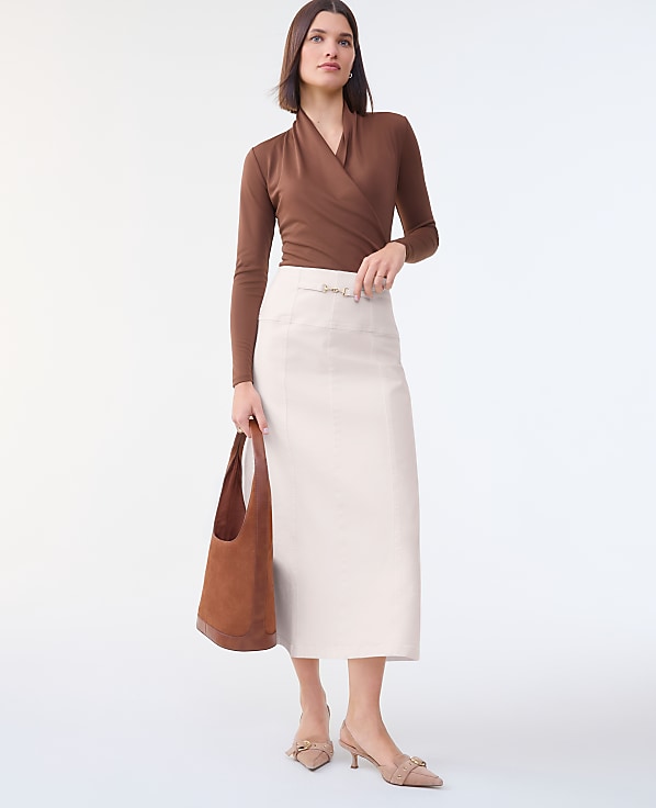 Petite Horsebit Denim Midi Skirt