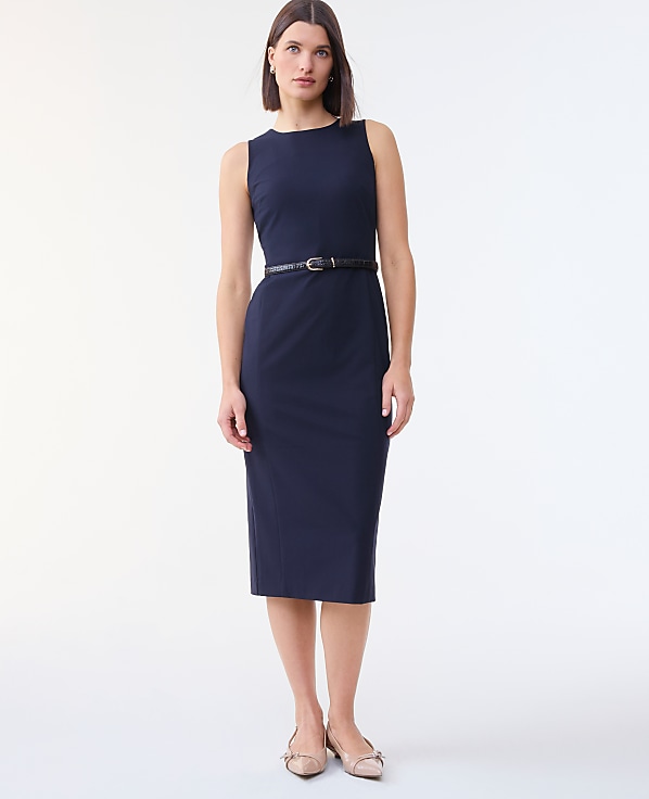 The Belted Crew Neck Sheath Dress in Seasonless Stretch