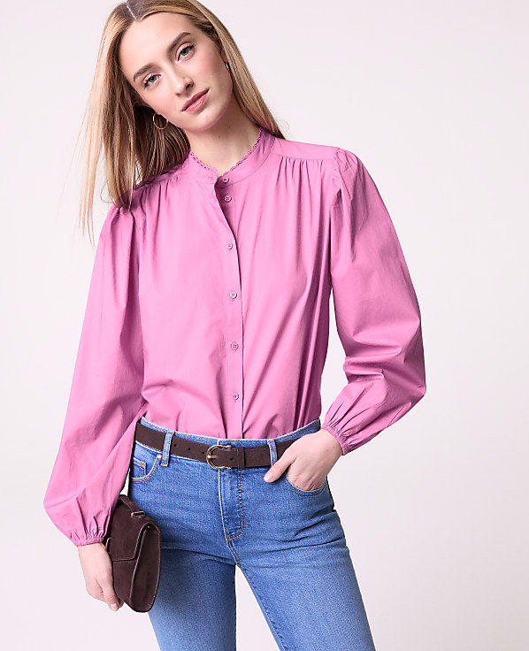 Petite Weekend Embroidered Collar Blouse