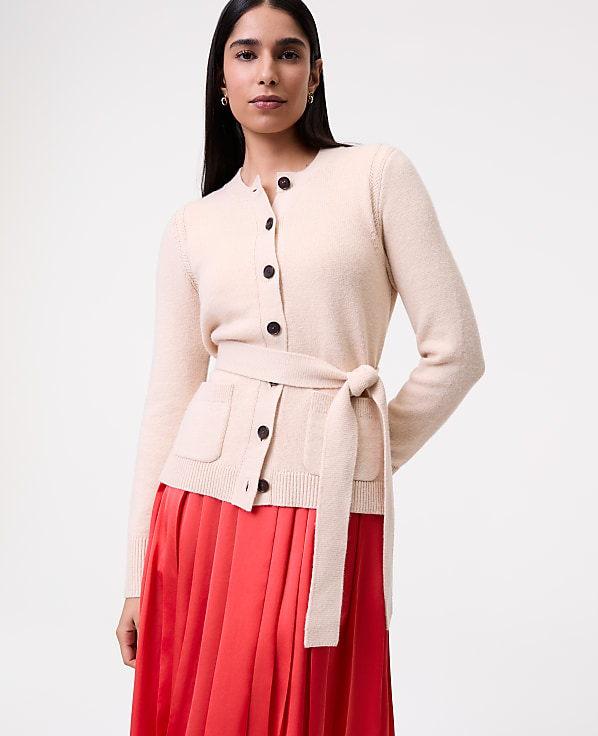 Petite Belted Crew Neck Cardigan