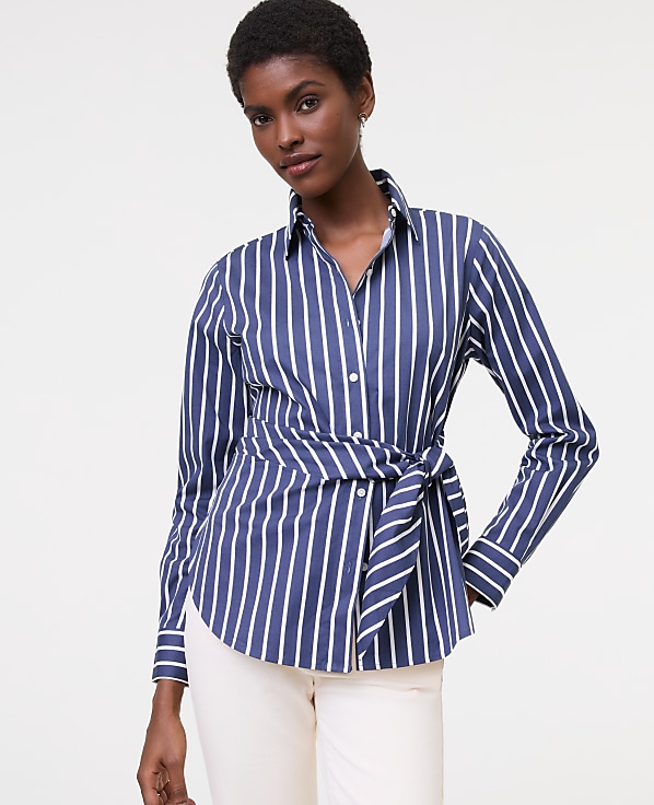 Striped Tie Waist Button Down Shirt