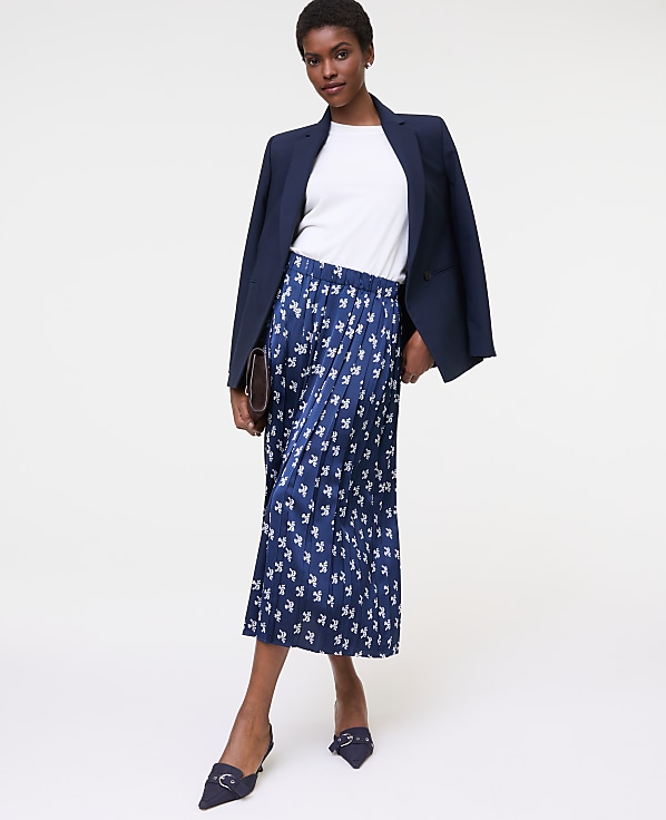 Petite Floral Satin Pleated Midi Skirt