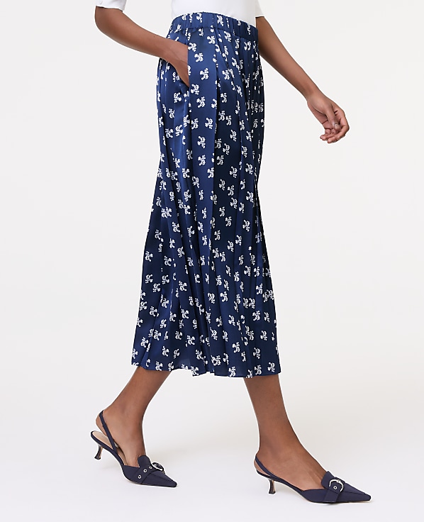 Petite Floral Satin Pleated Midi Skirt