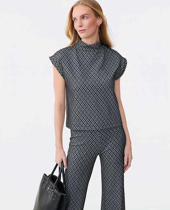 Petite Plaid Ponte Mock Neck Top