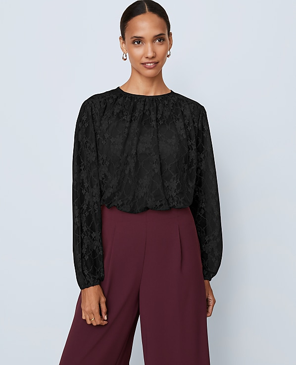Petite Crew Neck Shirred Blouse