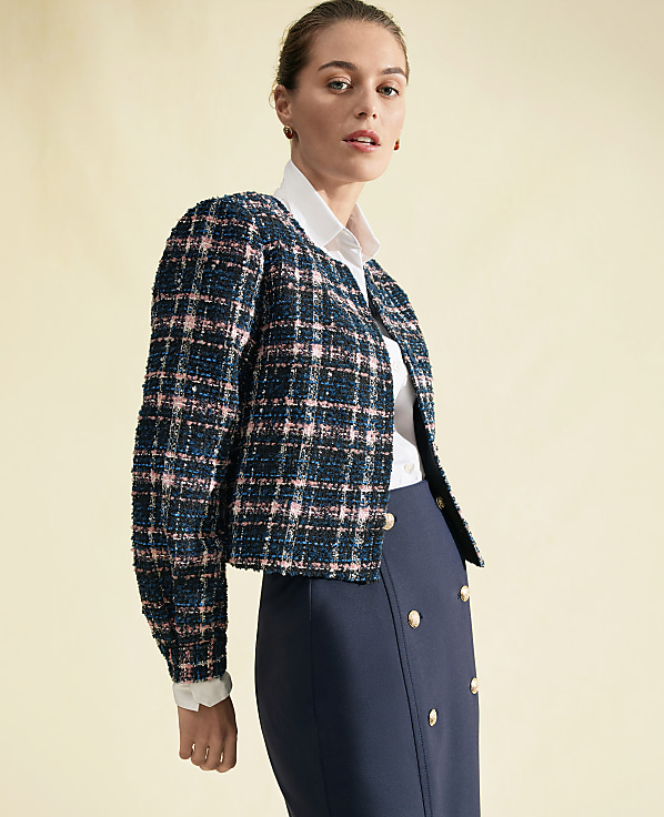 The Crew Neck Jacket in Plaid Tweed