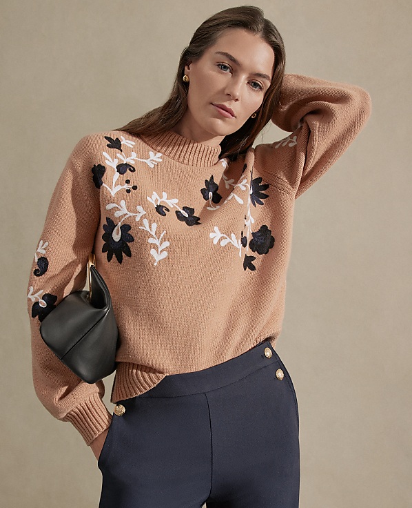 Embroidered Floral Mock Neck Sweater