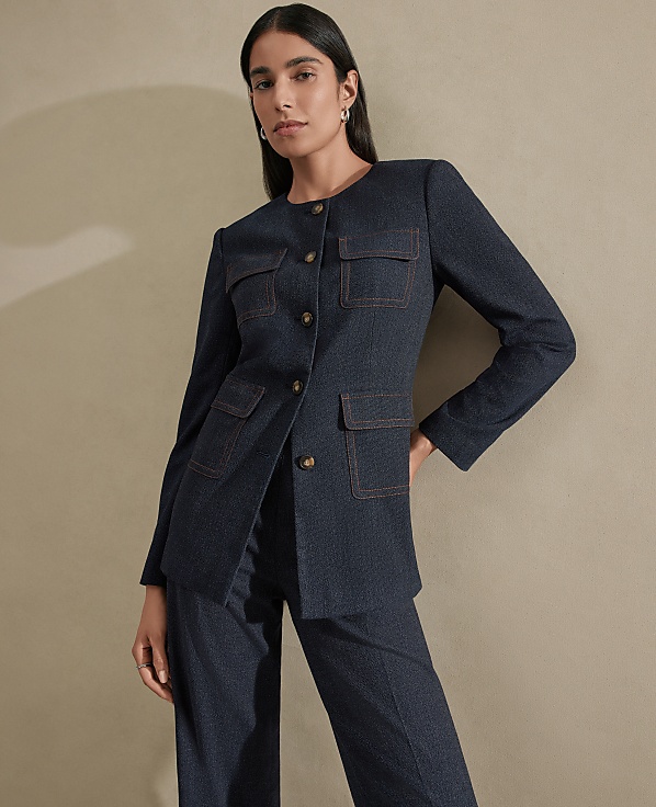 The Petite Long Crew Neck Jacket in Denim