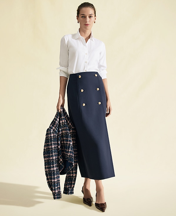Petite Ponte Button Wrap Midi Skirt