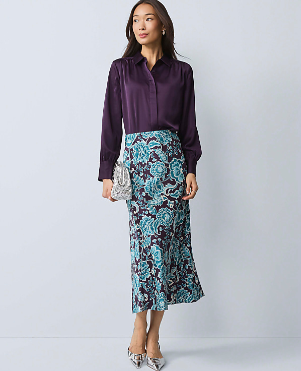 Petite Floral Satin Midi Slip Skirt