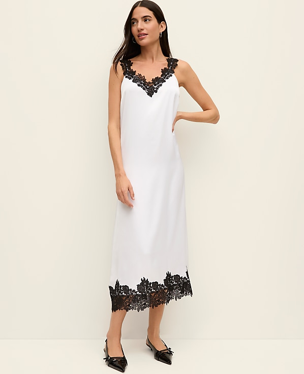 Lace Trim Satin Slip Midi Dress
