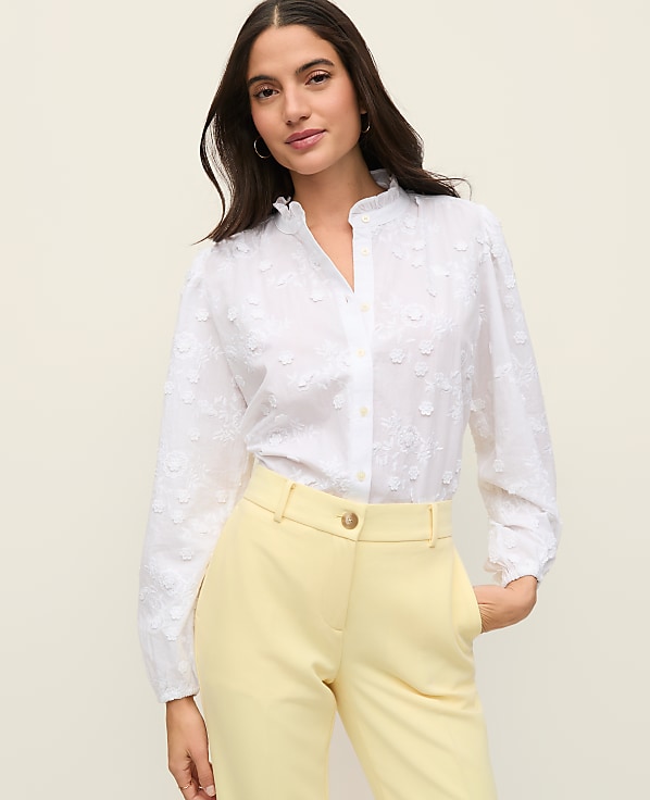Petite Embroidered Ruffle Collar Shirt