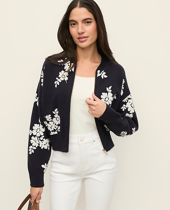 Floral Jacquard Bomber Sweater Jacket