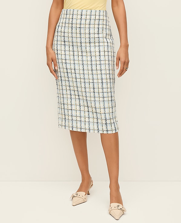 The Petite Column Midi Skirt in Plaid Tweed