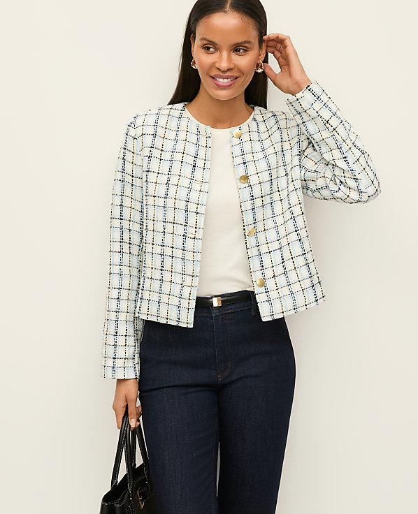 The Petite Crew Neck Jacket in Plaid