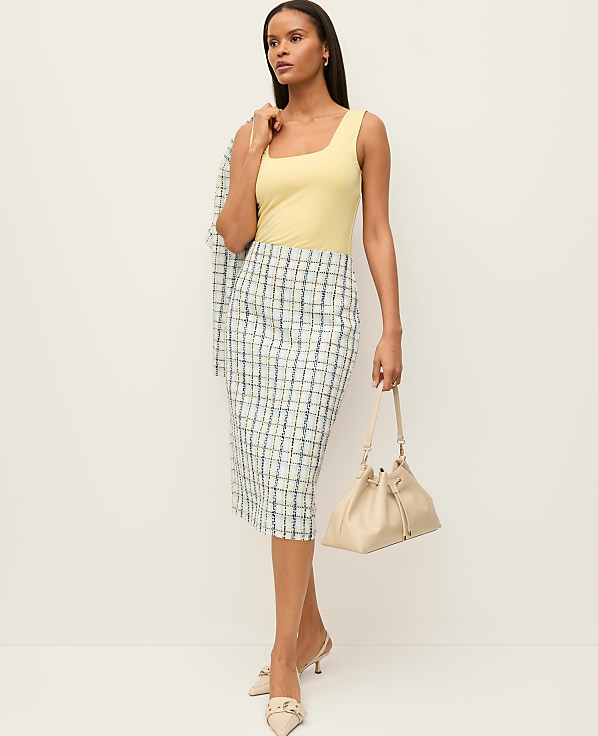 The Column Midi Skirt in Plaid Tweed
