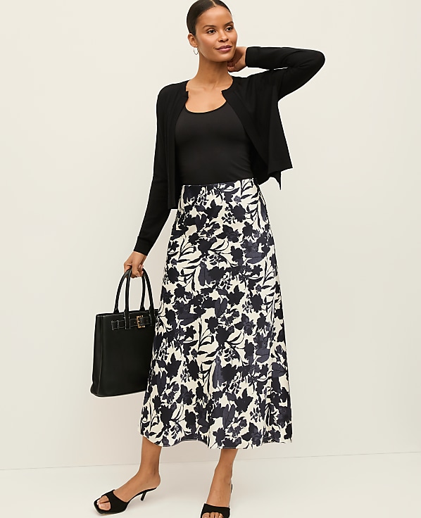 Floral Satin Midi Slip Skirt
