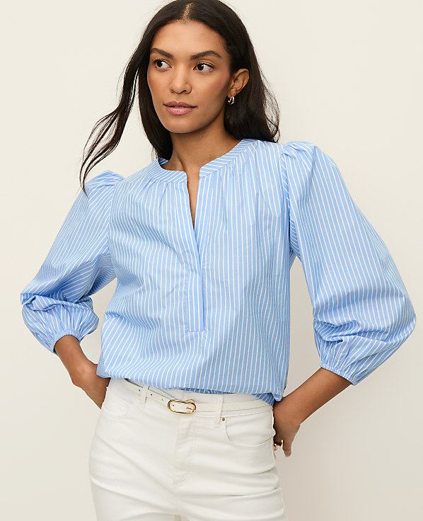 Petite Striped Puff Sleeve Blouse