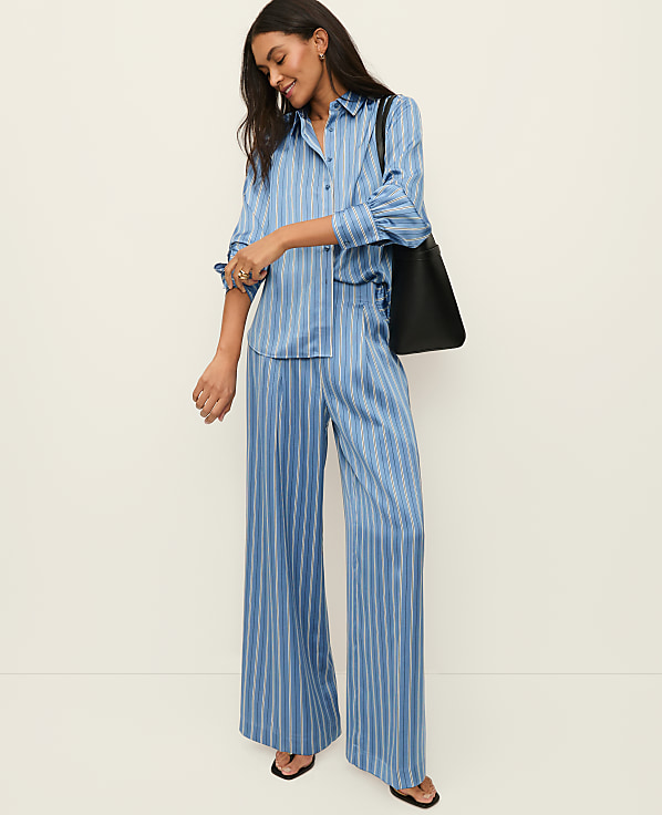 The Petite Pleated Satin Wide-Leg Pant in Stripes