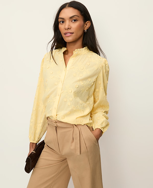 Petite Embroidered Ruffle Collar Shirt