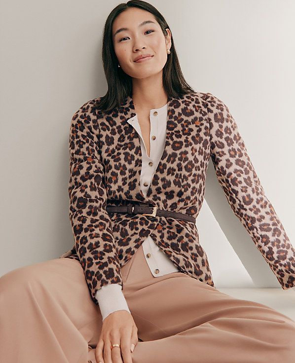 The Petite Longline Collarless Blazer in Animal Print
