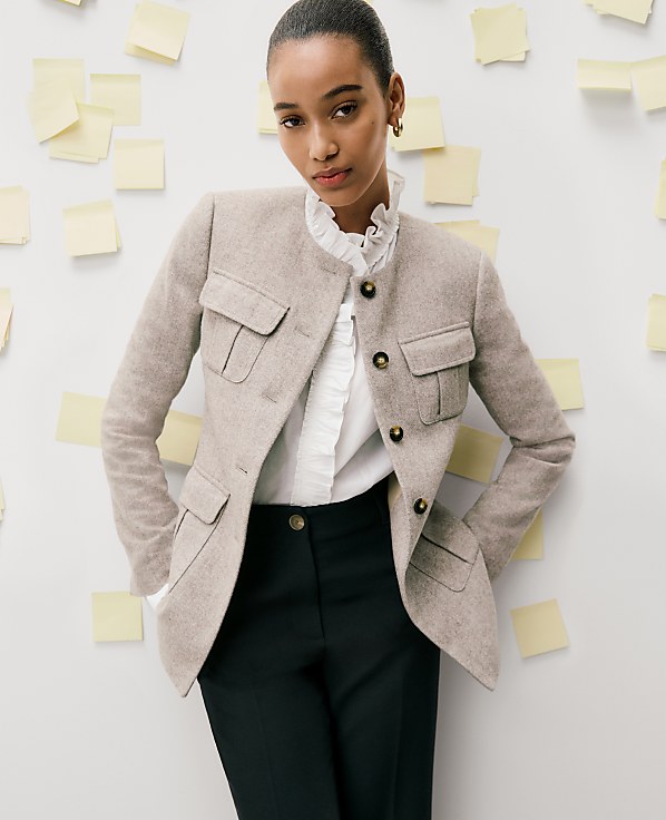 The Petite Fitted Crew Neck Jacket in Herringbone