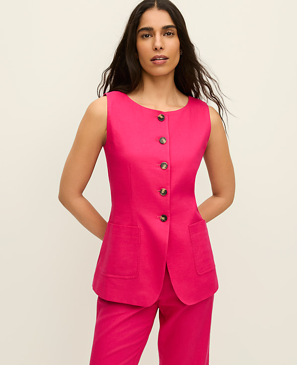 The Petite Long Crew Neck Vest in Linen Blend