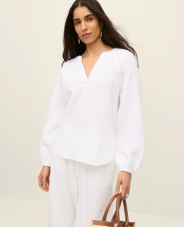 Cotton Gauze Split Neck Blouse