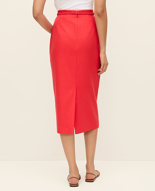 Belted Midi Pencil Skirt in Linen Blend
