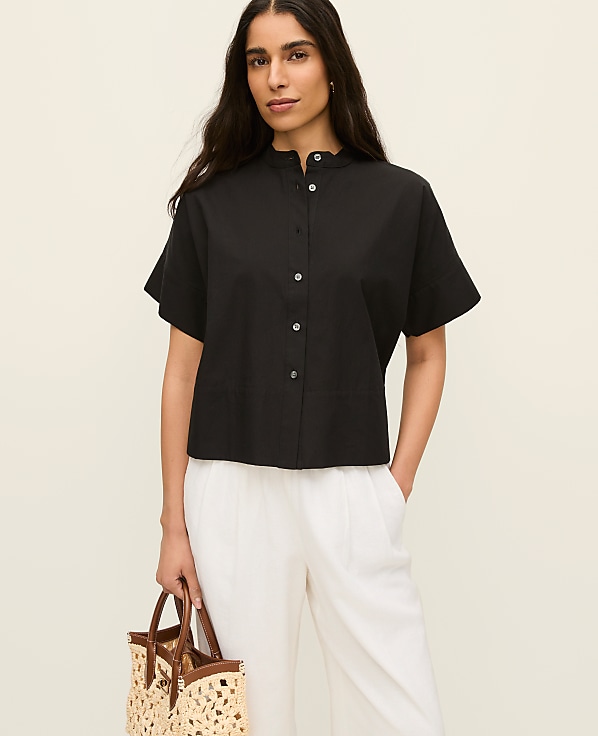 Petite Stand Collar Poplin Blouse