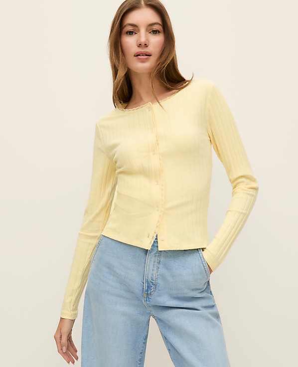 Petite Weekend Lace Trim Pointelle Cardigan