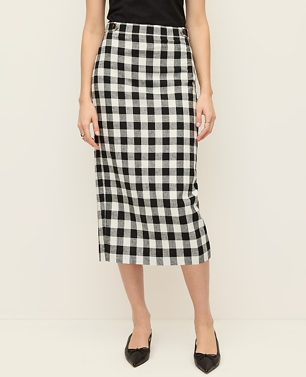The Petite Button Midi Skirt in Gingham Linen Blend