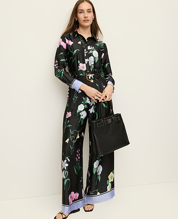 The Petite Floral Pleated Wide-Leg Pant in Satin